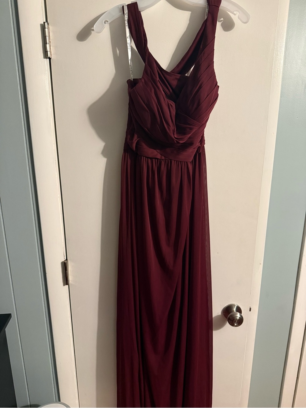 David's Bridal Long Mesh Bridesmaid Dress with Crisscross Back (Style W10974)